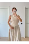 Krep Arkası Kanat Arka Ön Pens Detaylı Uzun Kadın Elbise - Bej