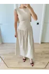 Krep Arkası Kanat Arka Ön Pens Detaylı Uzun Kadın Elbise - Bej