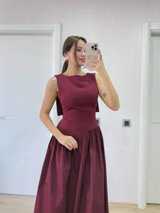 Krep Arkası Kanat Arka Ön Pens Detaylı Uzun Kadın Elbise - Bordo