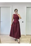 Krep Arkası Kanat Arka Ön Pens Detaylı Uzun Kadın Elbise - Bordo