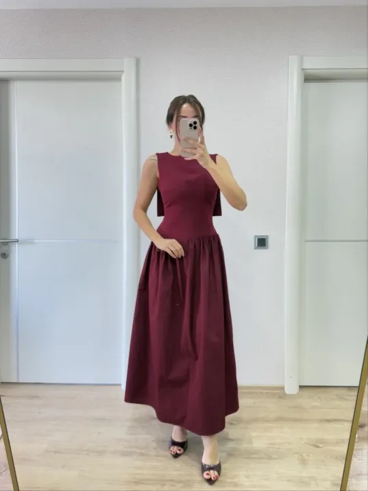 Krep Arkası Kanat Arka Ön Pens Detaylı Uzun Kadın Elbise - Bordo