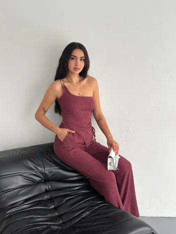 Asimetrik Crop Pantalon ikili Takım - Gül Kurusu Asimetrik Crop Pantalon ikili Takım - Gül Kurusu