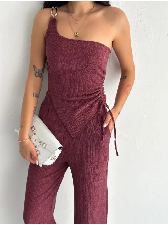 Asimetrik Crop Pantalon ikili Takım - Gül Kurusu