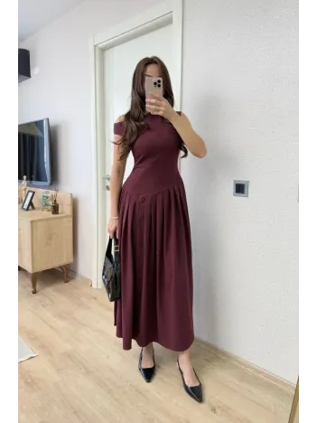 Asimetrik Düşük Yaka Kolsuz Uzun Elbise - Bordo
