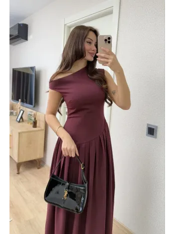 Asimetrik Düşük Yaka Kolsuz Uzun Elbise - Bordo