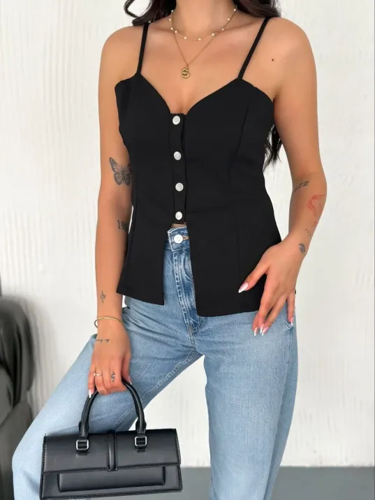 Askılı Dekolte Deraylı Bluz Crop - Siyah