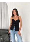 Askılı Dekolte Deraylı Bluz Crop - Siyah