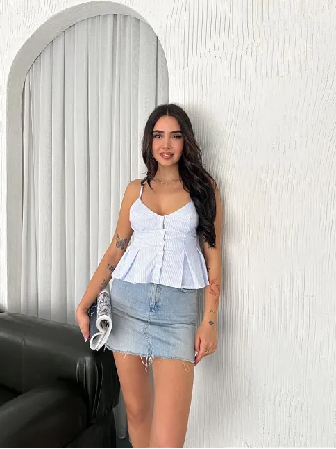 Askılı Dekolte Detaylı Crop - Açık Mavi