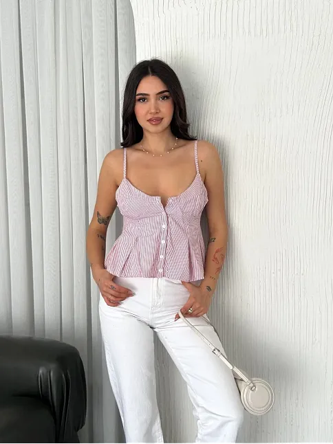 Askılı Dekolte Deraylı Crop - Kırmızı