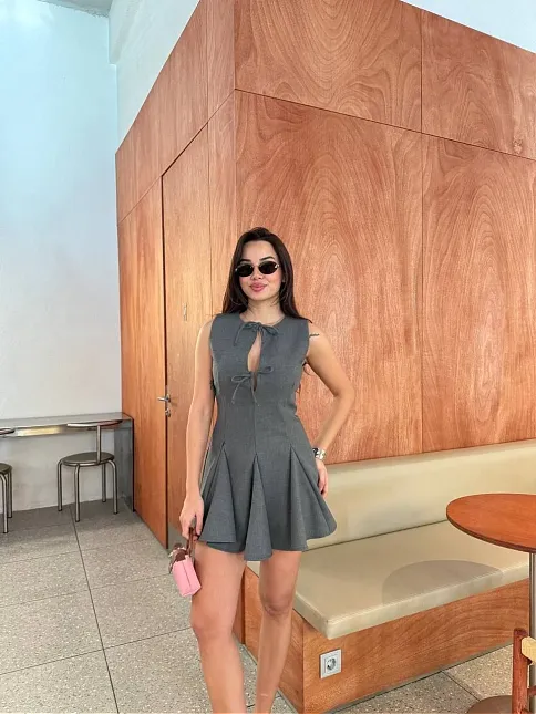Bağcık Detaylı Kolsuz Mini Elbise - Antrasit
