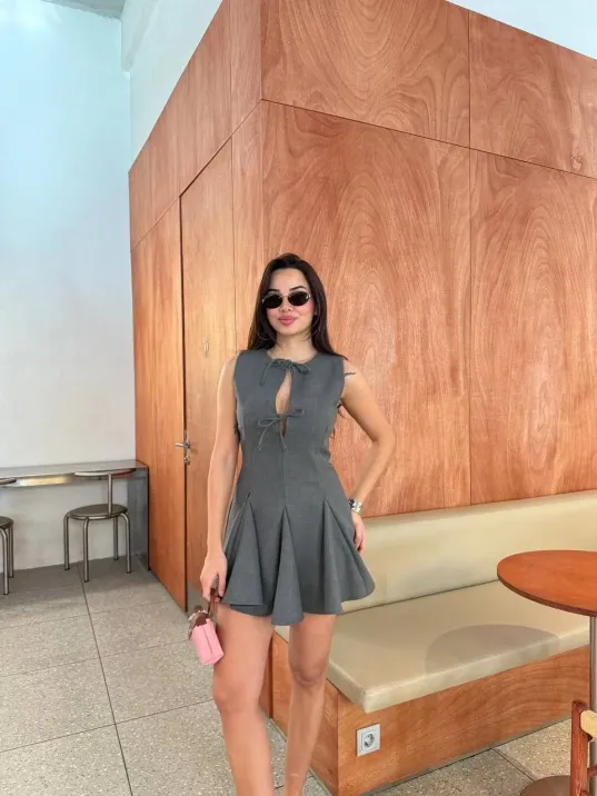 Bağcık detaylı Kolsuz Mini Elbise - Antrasit Bağcık detaylı Kolsuz Mini Elbise - Antrasit