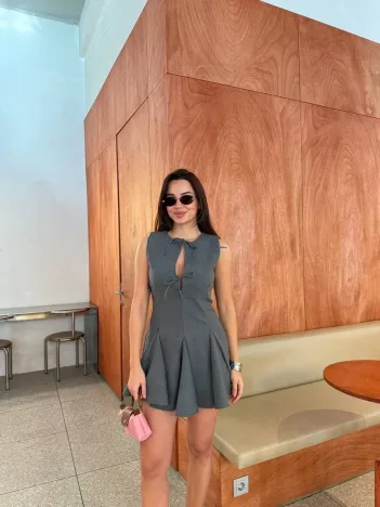 Bağcık detaylı Kolsuz Mini Elbise - Antrasit Bağcık detaylı Kolsuz Mini Elbise - Antrasit