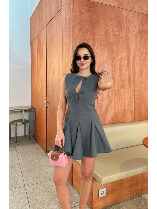 Bağcık detaylı Kolsuz Mini Elbise - Antrasit Bağcık detaylı Kolsuz Mini Elbise - Antrasit