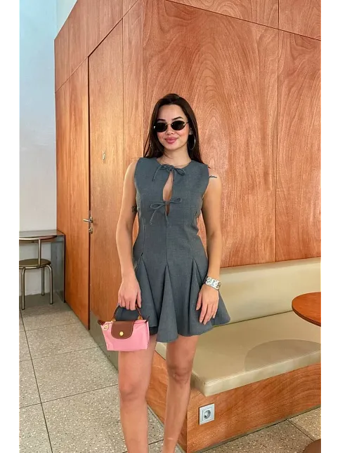 Bağcık Detaylı Kolsuz Mini Elbise - Antrasit