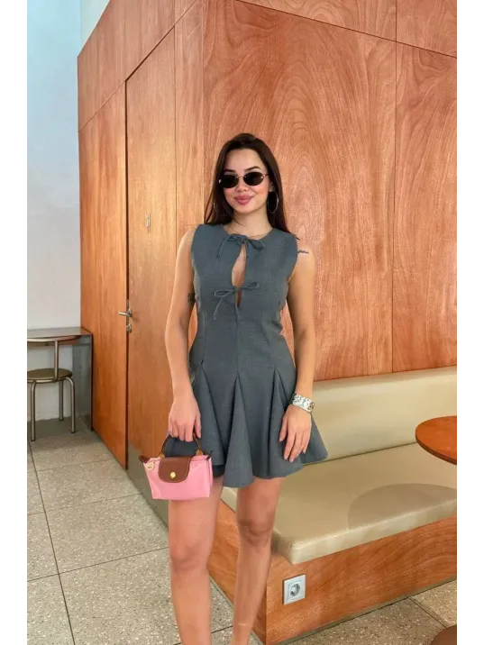 Bağcık detaylı Kolsuz Mini Elbise - Antrasit Bağcık detaylı Kolsuz Mini Elbise - Antrasit