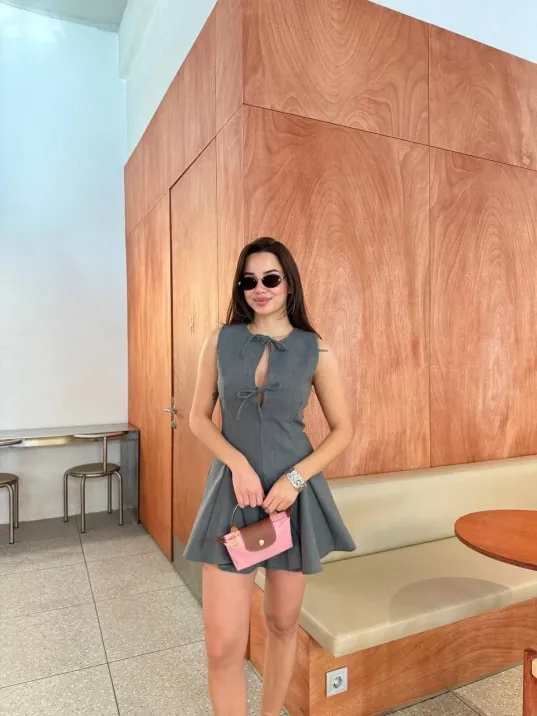 Bağcık detaylı Kolsuz Mini Elbise - Antrasit Bağcık detaylı Kolsuz Mini Elbise - Antrasit