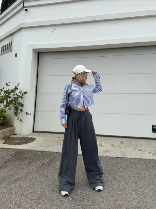 Bağcıklı Palazzo Bol Paça Pantolon - Gri Bağcıklı Palazzo Bol Paça Pantolon - Gri