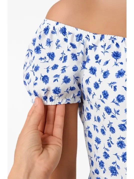 Bardot Omuzu Acık Çiçek Desenli Elbise - Desenli Bardot Omuzu Acık Çiçek Desenli Elbise - Desenli