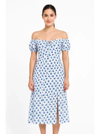 Bardot Omuzu Acık Çiçek Desenli Elbise - Desenli