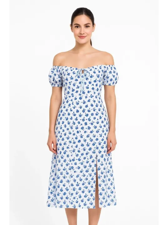 Bardot Omuzu Acık Çiçek Desenli Elbise - Desenli Bardot Omuzu Acık Çiçek Desenli Elbise - Desenli