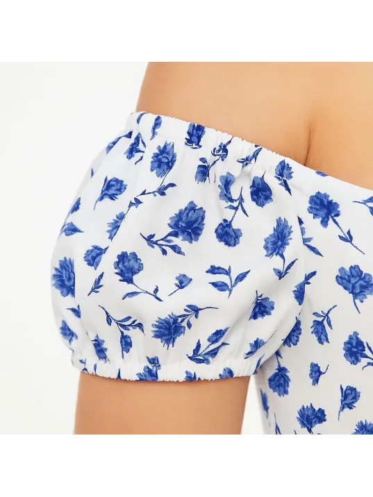 Bardot Omuzu Acık Çiçek Desenli Elbise - Desenli Bardot Omuzu Acık Çiçek Desenli Elbise - Desenli