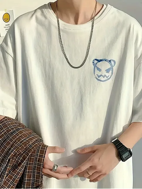 20/1 Penye Compack Bisiklet Yaka Kore Tarzı Sevimli Ayı Baskı Kısa Kol Erkek T-shirt - Beyaz