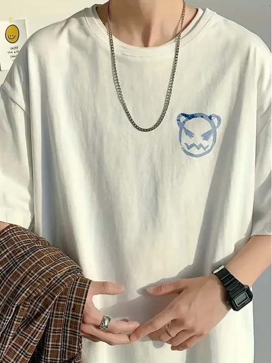 20/1 Penye Compack Bisiklet Yaka Kore tarzı sevimli ayı baskı Kısa Kol Erkek t-shirt - Beyaz