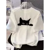 Kadınlar için Şık Siyah Kedi Grafik Tişört - Oversize Kısa Kollu Üst, Nefes Alabilir Polyester Karışımı, Makinede Yıkanabilir - Mükemmel Yaz Modası - Beyaz
