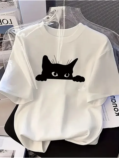 Kadınlar İçin Şık Siyah Kedi Grafik Tişört - Oversize Kısa Kollu Üst, Nefes Alabilir Polyester Karışımı, Makinede Yıkanabilir - Mükemmel Yaz Modası - Beyaz