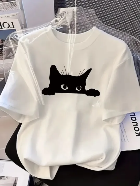 Kadınlar için Şık Siyah Kedi Grafik Tişört - Oversize Kısa Kollu Üst, Nefes Alabilir Polyester Karışımı, Makinede Yıkanabilir - Mükemmel Yaz Modası - Beyaz Kadınlar için Şık Siyah Kedi Grafik Tişört - Oversize Kısa Kollu Üst, Nefes Alabilir Polyester Karışımı, Makinede Yıkanabilir - Mükemmel Yaz Modası - Beyaz