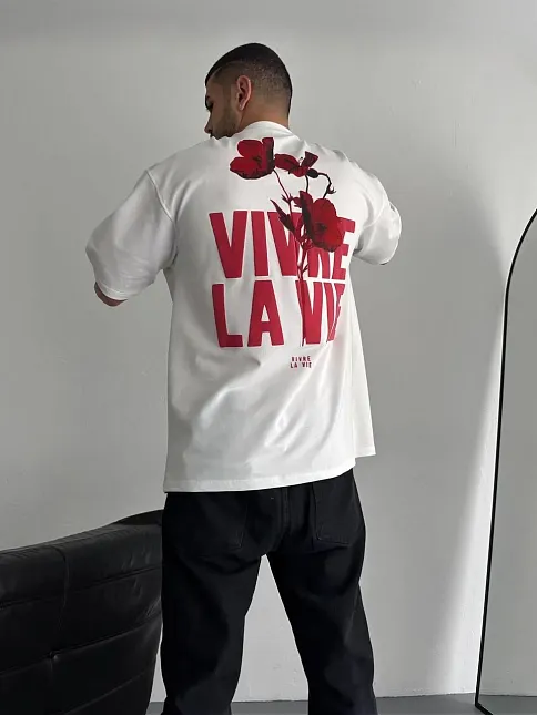 Baskılı Oversize Bisiklet Yaka T-shirt - Beyaz