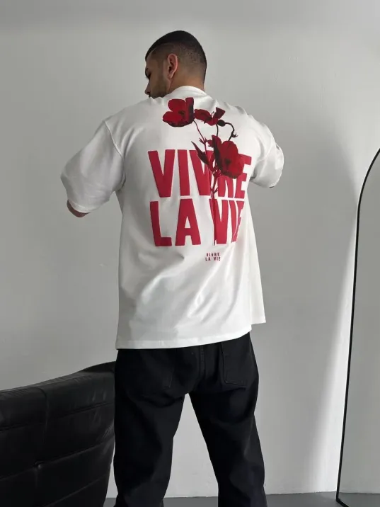 Baskılı Oversize Bisiklet Yaka T-shirt - Beyaz Baskılı Oversize Bisiklet Yaka T-shirt - Beyaz