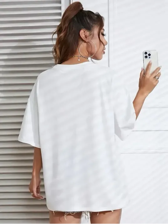 20/1 Penye Compack Baskılı Oversize Kahve Desenli Kadın Kısa Kol T-shirt - Beyaz