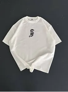 Baskılı Oversize Bisiklet Yaka T-shirt - Beyaz
