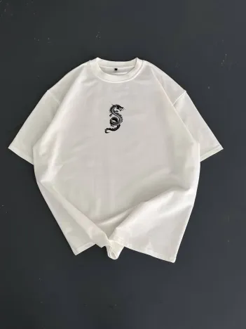 Baskılı Oversize Bisiklet Yaka T-shirt - Beyaz Baskılı Oversize Bisiklet Yaka T-shirt - Beyaz