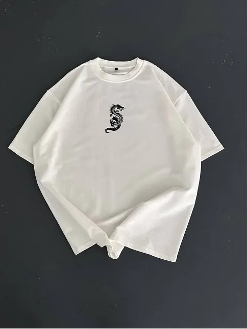 Baskılı Oversize Bisiklet Yaka T-shirt - Beyaz
