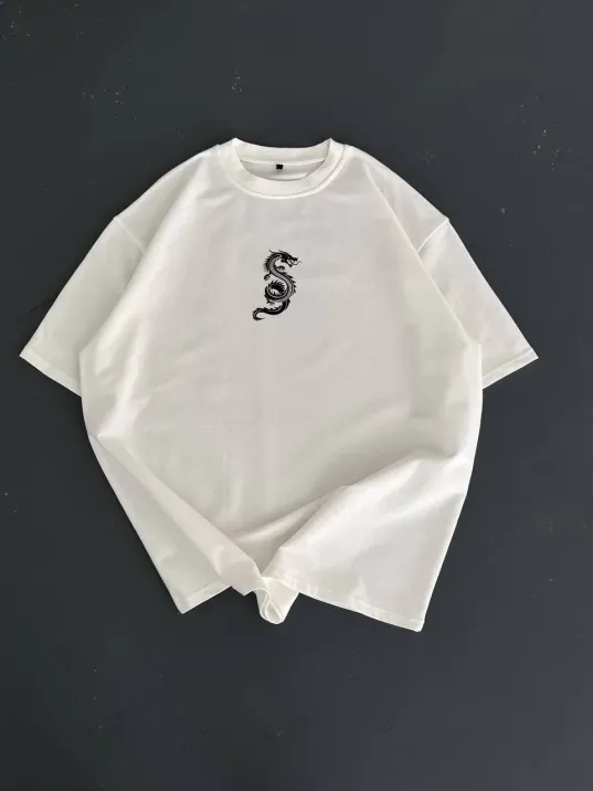 Baskılı Oversize Bisiklet Yaka T-shirt - Beyaz Baskılı Oversize Bisiklet Yaka T-shirt - Beyaz