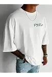 20/1 Penye Compack Ön Arka Ejder Baskılı Oversize Bisiklet Yaka T-shirt - Beyaz