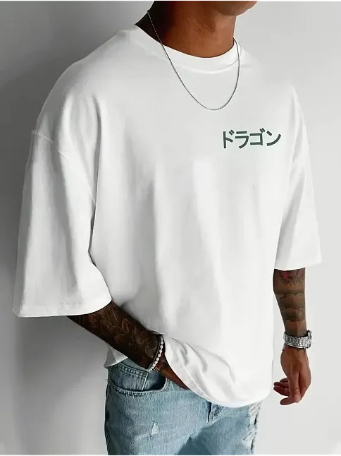 20/1 Penye Compack Ön Arka Ejder Baskılı Oversize Bisiklet Yaka T-shirt - Beyaz