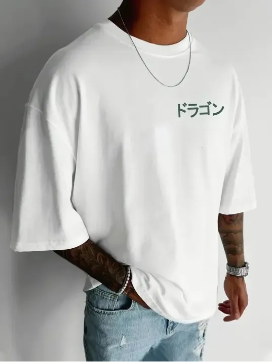 20/1 Penye Compack Ön Arka Ejder Baskılı Oversize Bisiklet Yaka T-shirt - Beyaz