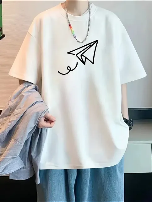 20/1 Penye Compack Uçak Baskılı Oversize Bisiklet Yaka Kısa Kol T-shirt - Beyaz