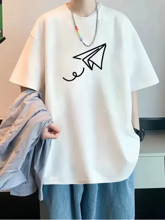 20/1 Penye Compack Uçak Baskılı Oversize Bisiklet Yaka Kısa Kol T-shirt - Beyaz 20/1 Penye Compack Uçak Baskılı Oversize Bisiklet Yaka Kısa Kol T-shirt - Beyaz