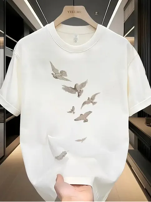 20/1 Penye Compack Özgür Kuşlar Baskılı Oversize Bisiklet Yaka T-shirt - Beyaz