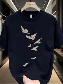 20/1 Penye Compack Özgür Kuşlar Baskılı Baskılı Oversize Bisiklet Yaka T-shirt - Beyaz