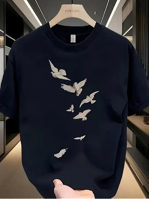 20/1 Penye Compack Özgür Kuşlar Baskılı Baskılı Oversize Bisiklet Yaka T-shirt - Beyaz