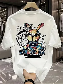 Güneş Gözlüğü Grafikli Karikatür Tavşan Oversize Kısa Kollu Tişört Çift Tişört, İlkbahar Ve Yaz - Beyaz