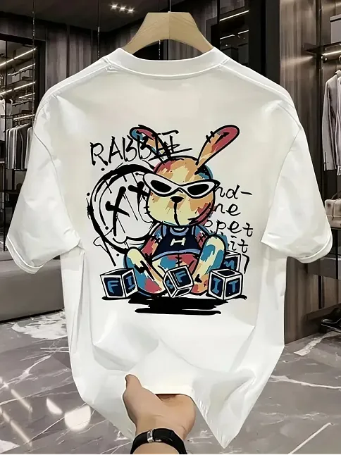 Güneş Gözlüğü Grafikli Karikatür Tavşan Oversize Kısa Kollu Tişört Çift Tişört, İlkbahar Ve Yaz - Beyaz