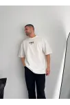Baskılı Oversize Bisiklet Yaka T-shirt - Beyaz