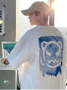 20/1 Penye Compack Bisiklet Yaka Kore Tarzı Sevimli Ayı Baskı Kısa Kol Erkek T-shirt - Beyaz