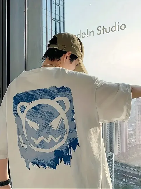 20/1 Penye Compack Bisiklet Yaka Kore Tarzı Sevimli Ayı Baskı Kısa Kol Erkek T-shirt - Beyaz